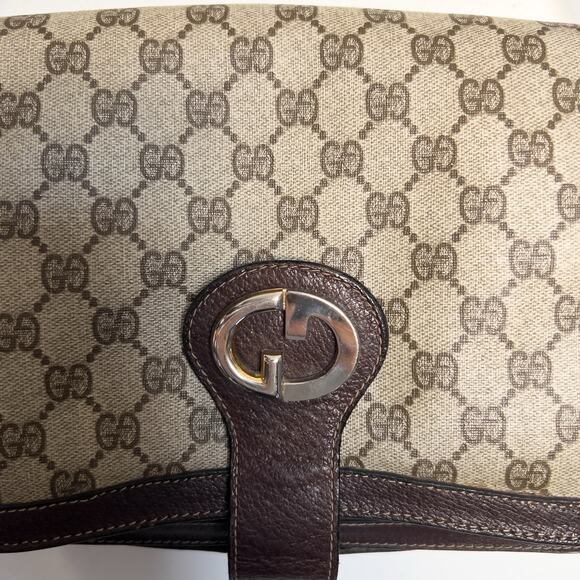 Vintage Gucci Bag Shoulder Purse Brown Monogram Logo Tan 70s 80s Flap - Picture 5 of 16